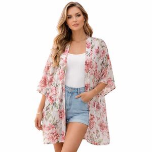 Show Me Your Mumu Kimono Jacket Womens One Size Pink Floral Sheer Chiffon